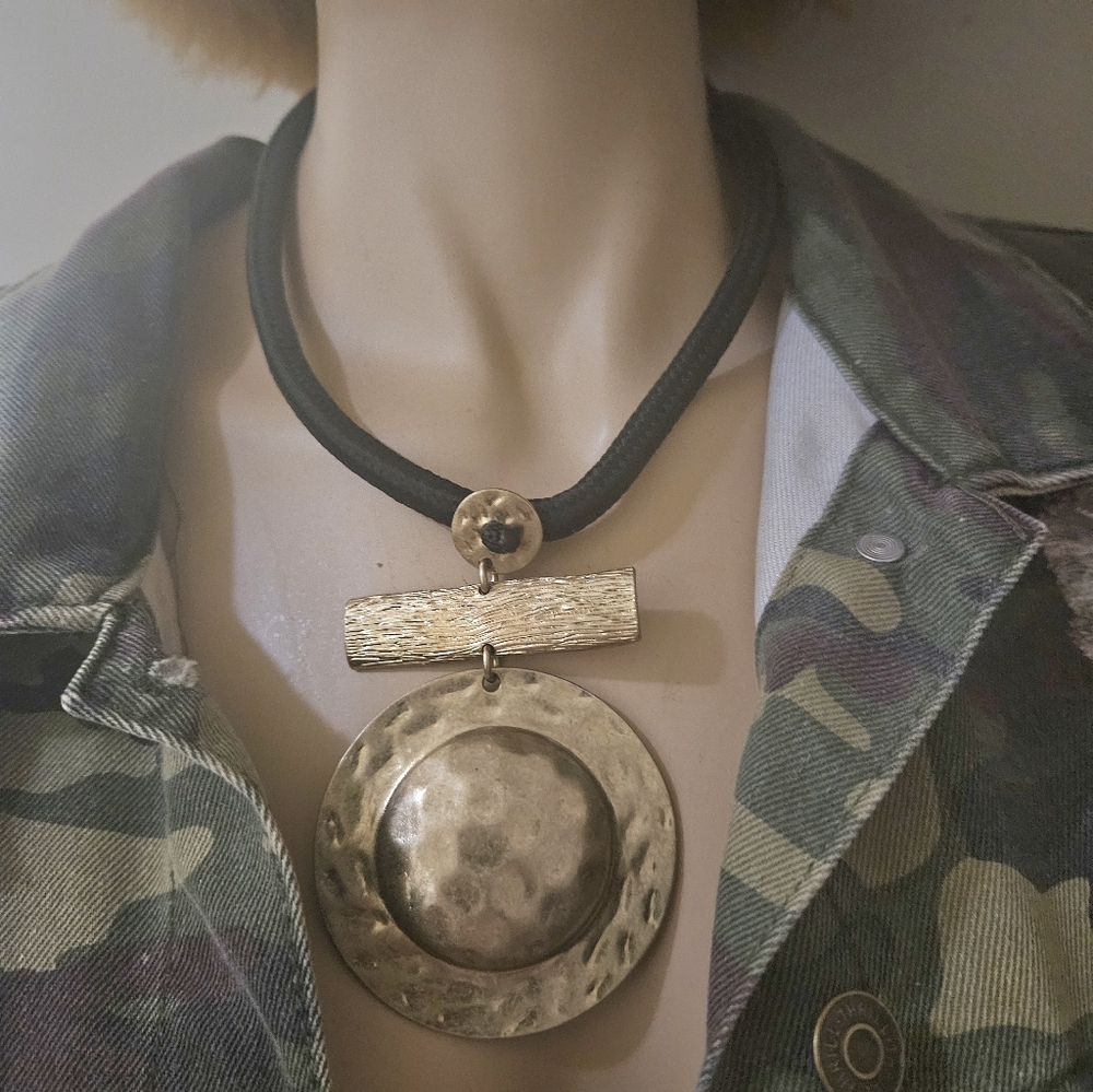 Vintage Gold Toned Hammered Disc pendant necklace on black cord adjustable